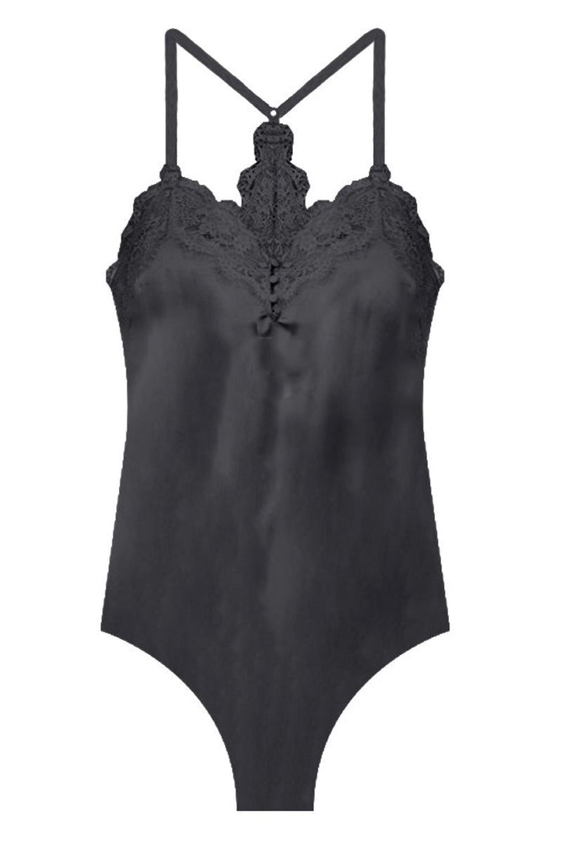 Black Lace Neckline Sleeveless Satin Bodysuit