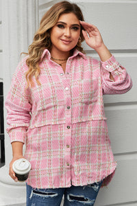 Pink Plus Size Tweed Plaid Houndstooth Print Jacket