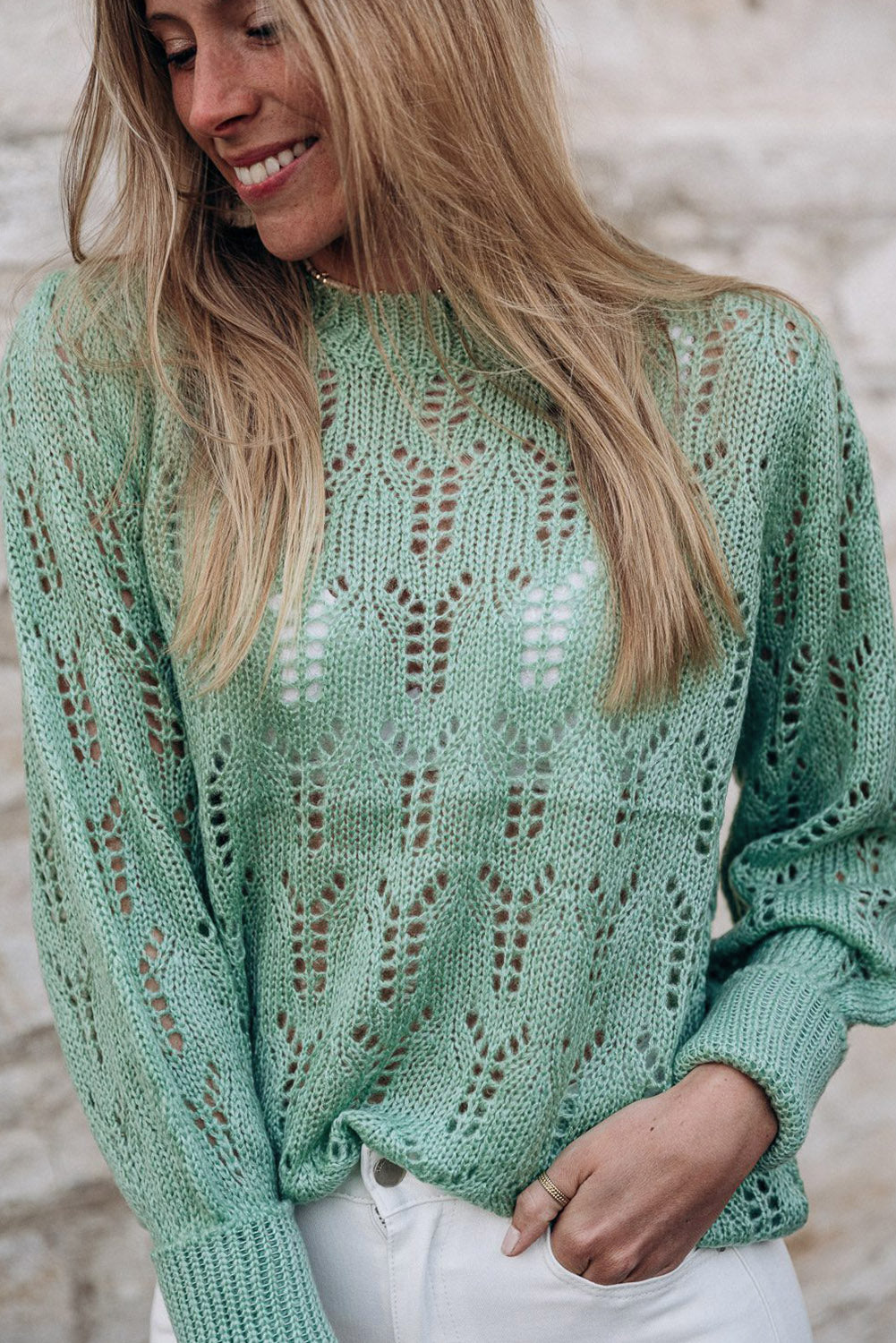 Green Sheer Knitted Pointelle Sweater