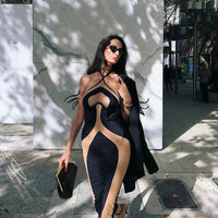 Mesh Patchwork Halter Neck Dresses for Women Sexy Lace-up Backless See-through Evening Dress Sleeveless Backless Long Party Robe