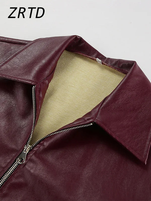 Elegant Burgundy Faux Leather Jackets Women Fashion Lapel Zipper Long Sleeve Female Coats 2024 Autumn Winter Lady Street Outwear