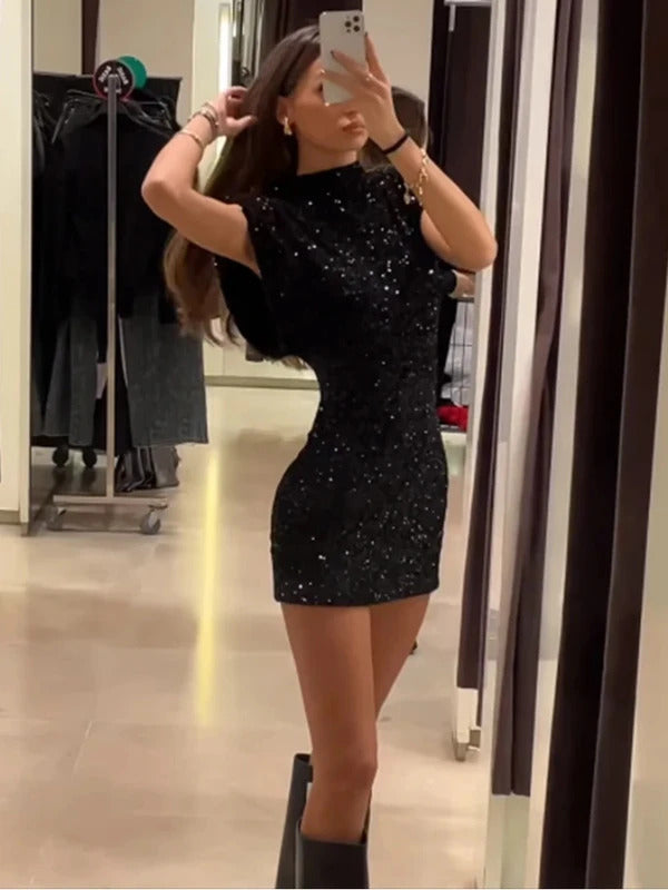 2024 New Fashion Sequin Mini Dress for Women Elegant O-Neck Fly Sleeve Shiny Short Dress Female Chic Club Evening Party Vestidos