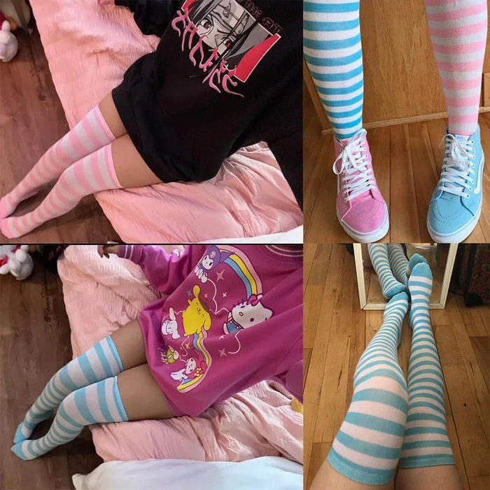 Color Striped Stockings Japanese Over Knee Socks Fashion Women Keep Warm Soks Sexy Slim Long Soks Black White Striped Hosiery