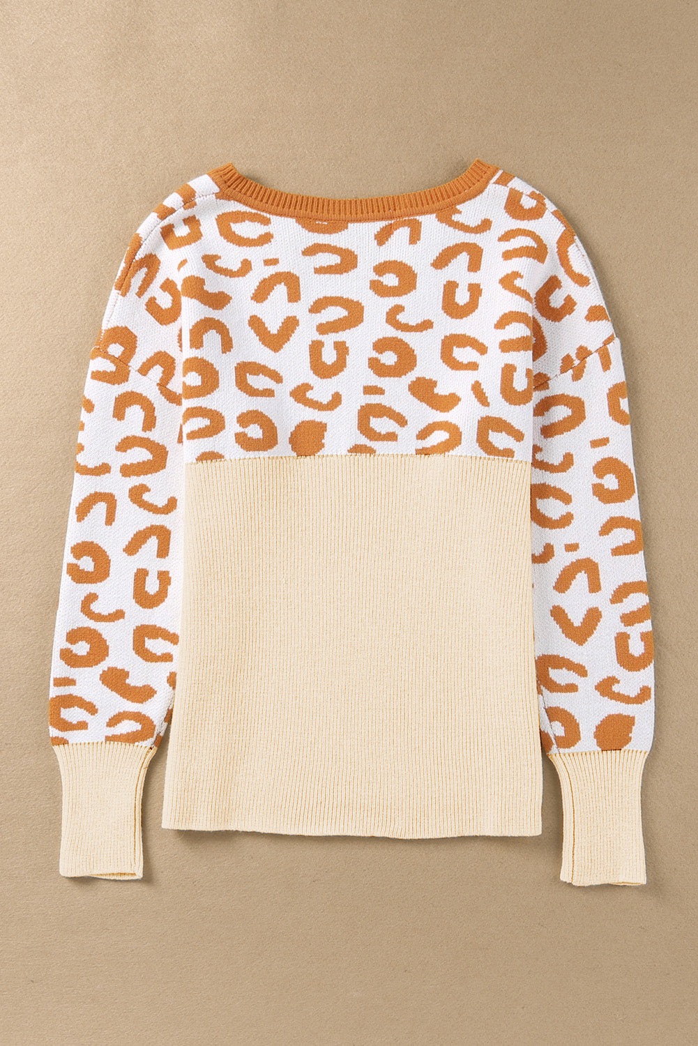 Orange Colorblock Leopard V Neck Sweater