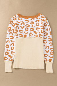 Orange Colorblock Leopard V Neck Sweater