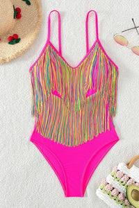 Rose Red Colorful Tassel Hollow-out Spaghetti Strap One Piece Swimsuit