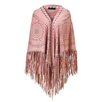 Women's Loose Suede Fringe Open Poncho Cloak Shawl Wrap with Punch Hole Patterns and Graceful Fringes Dropshipping