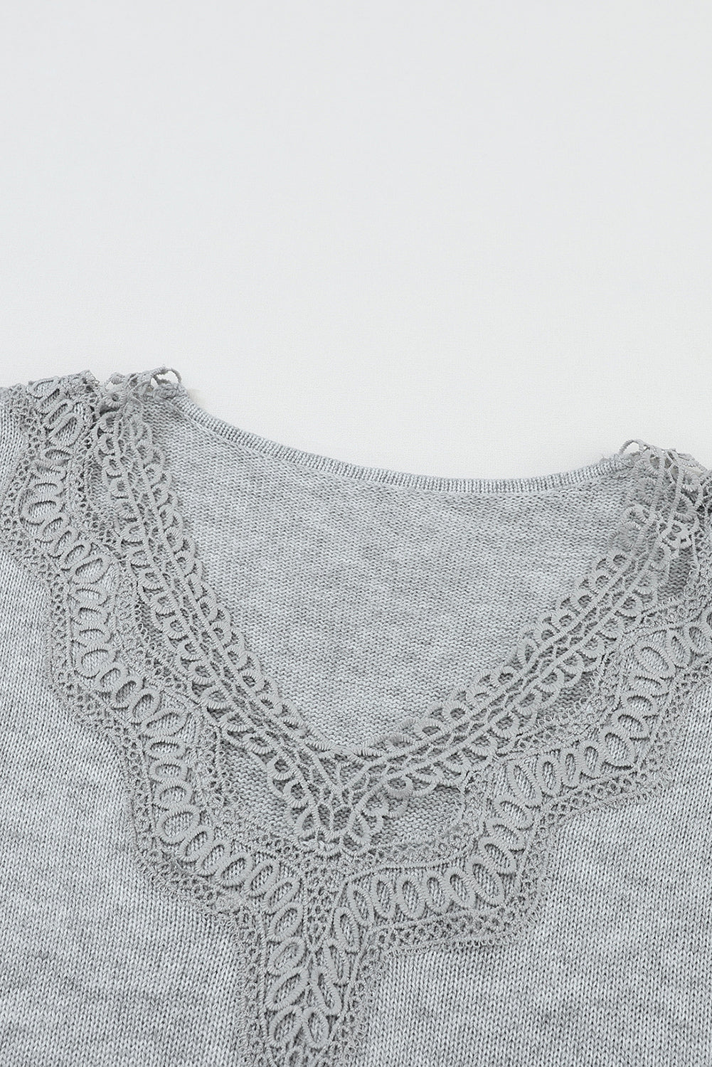 Gray Hollowed Lace Splicing V Neck Loose Sweater