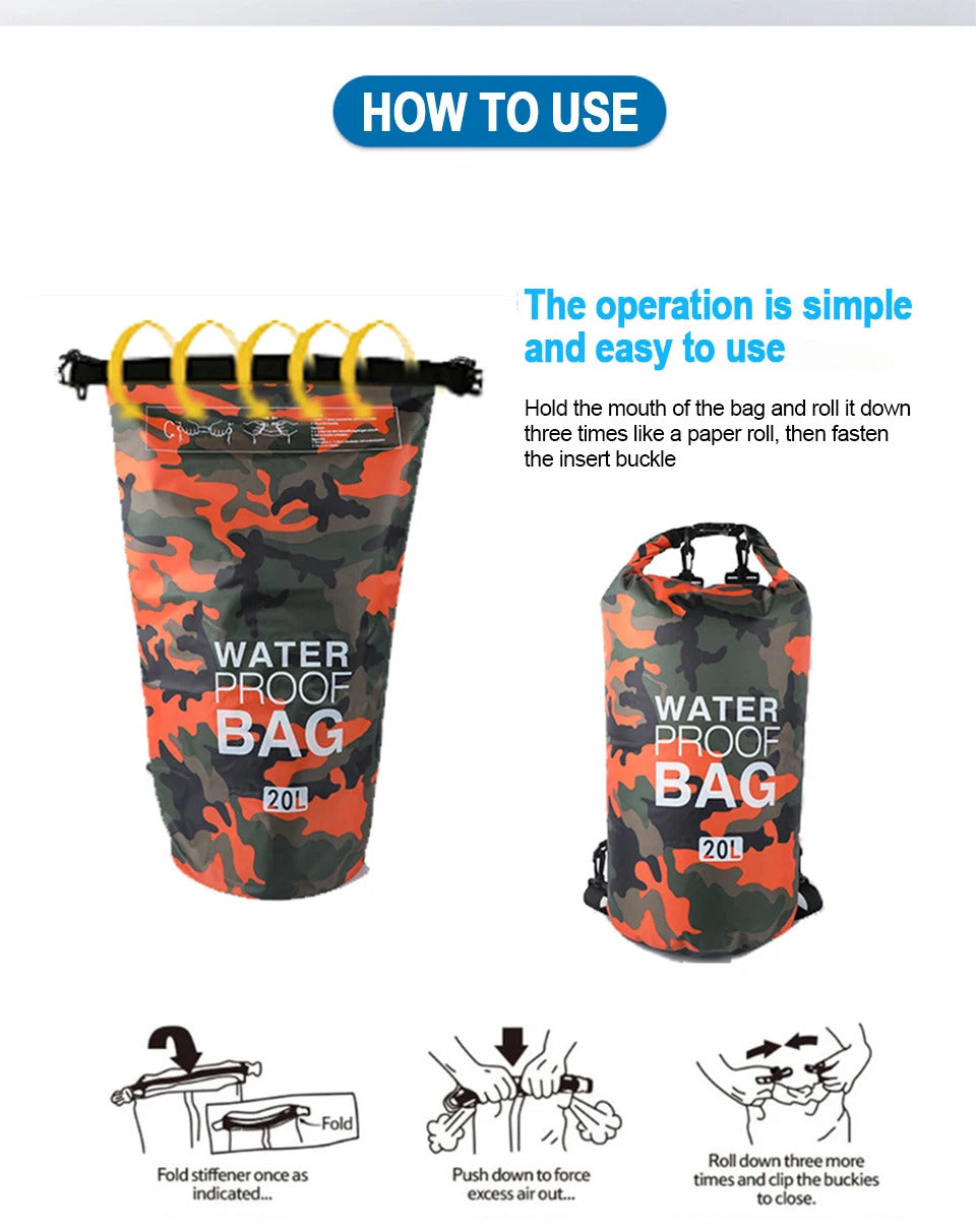 2/5/10/15/30L Outdoor Camouflage Waterproof Dry Bags Portable Rafting Diving Dry Bag Sack PVC Swimming Bags for River Trekking