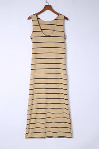 Women's Stripe Print Open Back Sleeveless Tank Maxi Dress with Slits