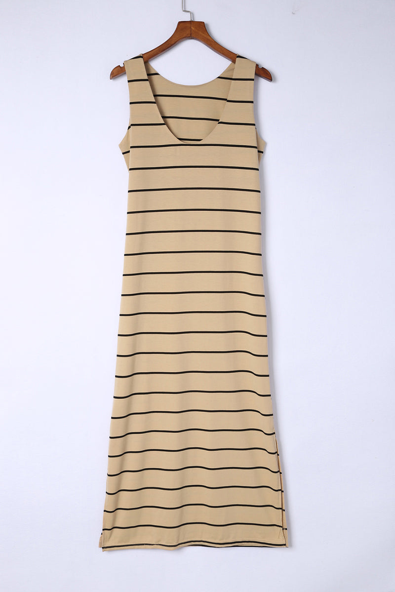 Women's Stripe Print Open Back Sleeveless Tank Maxi Dress with Slits