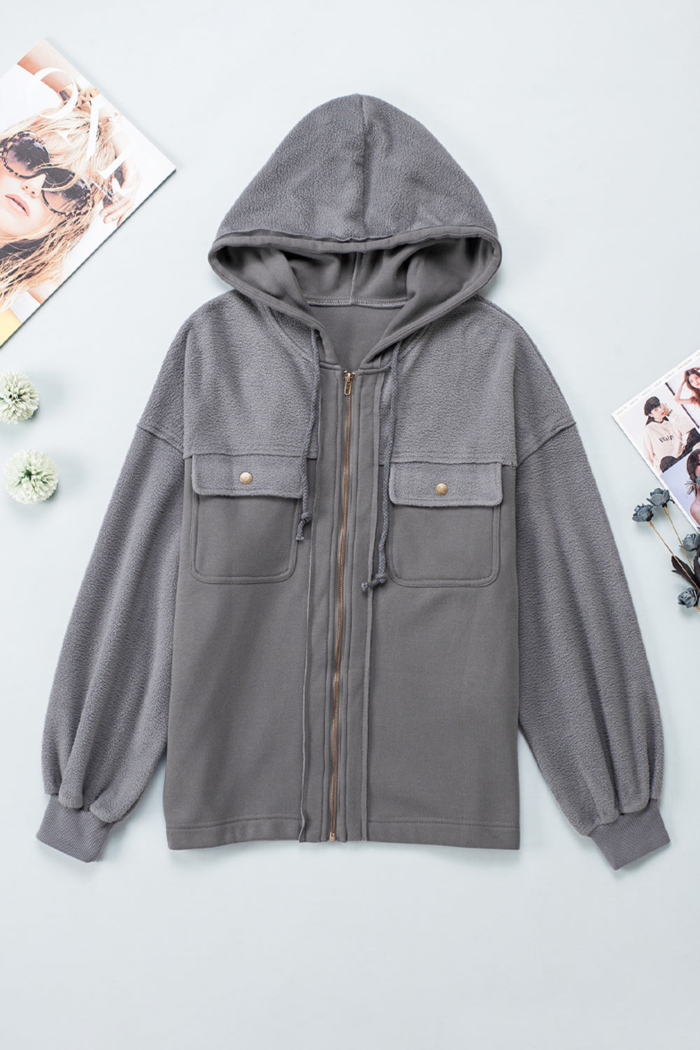 Green Flap Pocket Drawstring Hood Zip Up Jacket