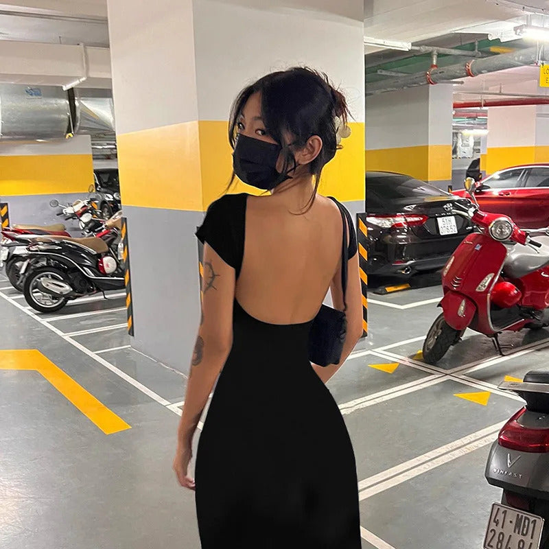 Women Black Solid Casual High Slit Long Sleeve Backless Maxi Dress Sexy Bodycon Half High Neck Streetwear Female Long Dresses