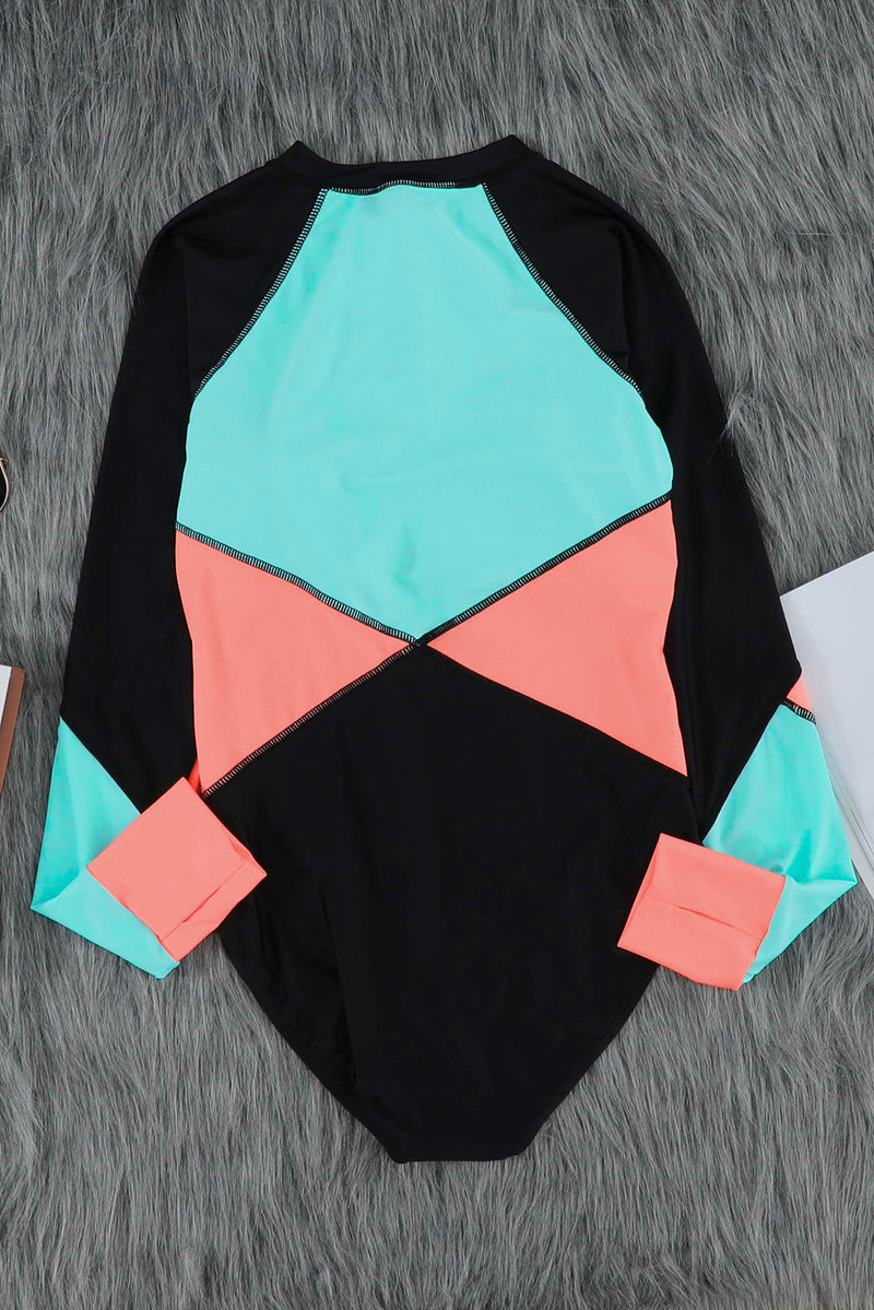 Blue Color Block Zipper Long Sleeve Rash Guard Swimwear