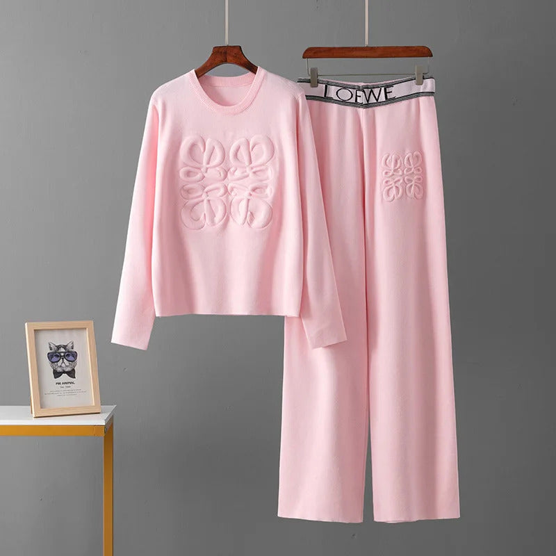 Letter Print Indentation Round Neck Long Sleeved Knitted Sweater Pullover Casual Wide Leg Pants Two-piece Set Women's Pants Set