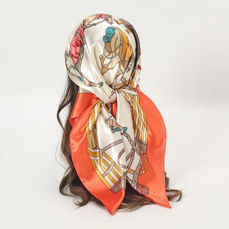 Satin Square Scarf Women Muslim Hijab Elegant 2023 Print Silk Neckerchief Shawl Wraps Headband Handle Hair Accessories Bandana