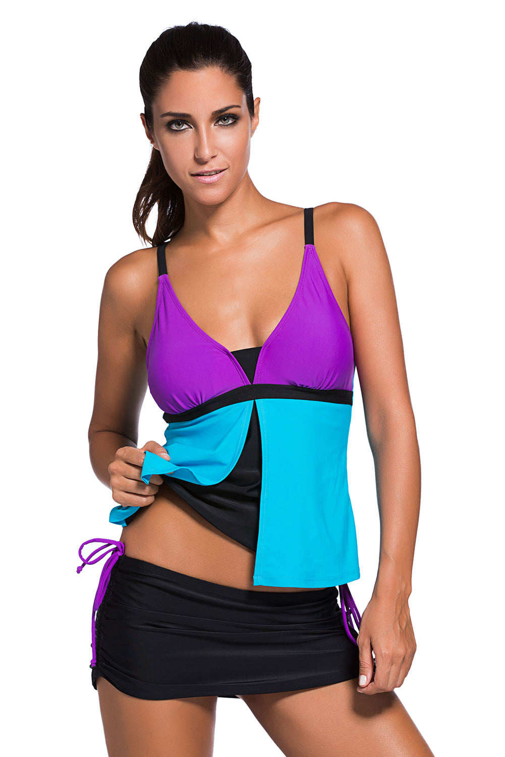 Purple Blue Colorblock Tankini Skort Bottom Swimsuit