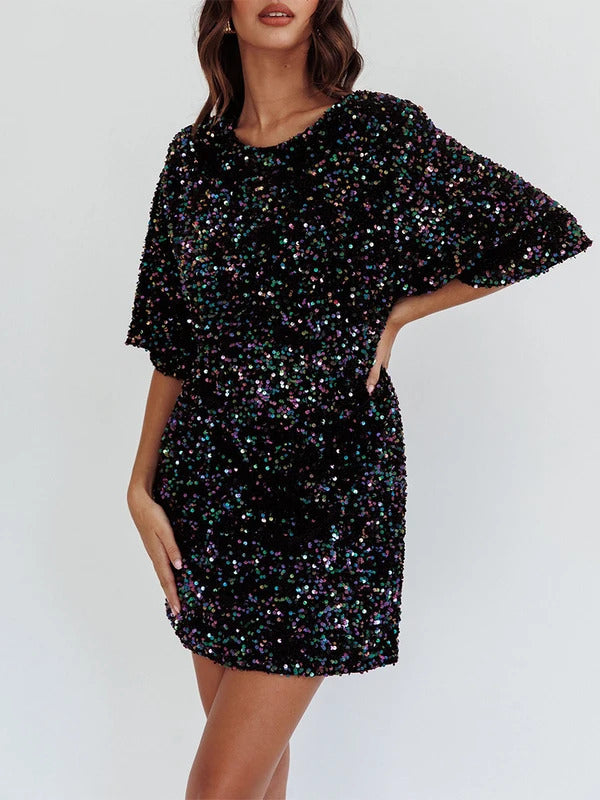 Women's Shiny Sequins T-Shirt Dress Stylish Loose Sparkly Short Sleeve Round Neck Open Back Tie-Up Mini Dress for Party Club