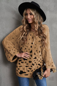 Leopard Print Drop Shoulder Loose Knitted Sweater