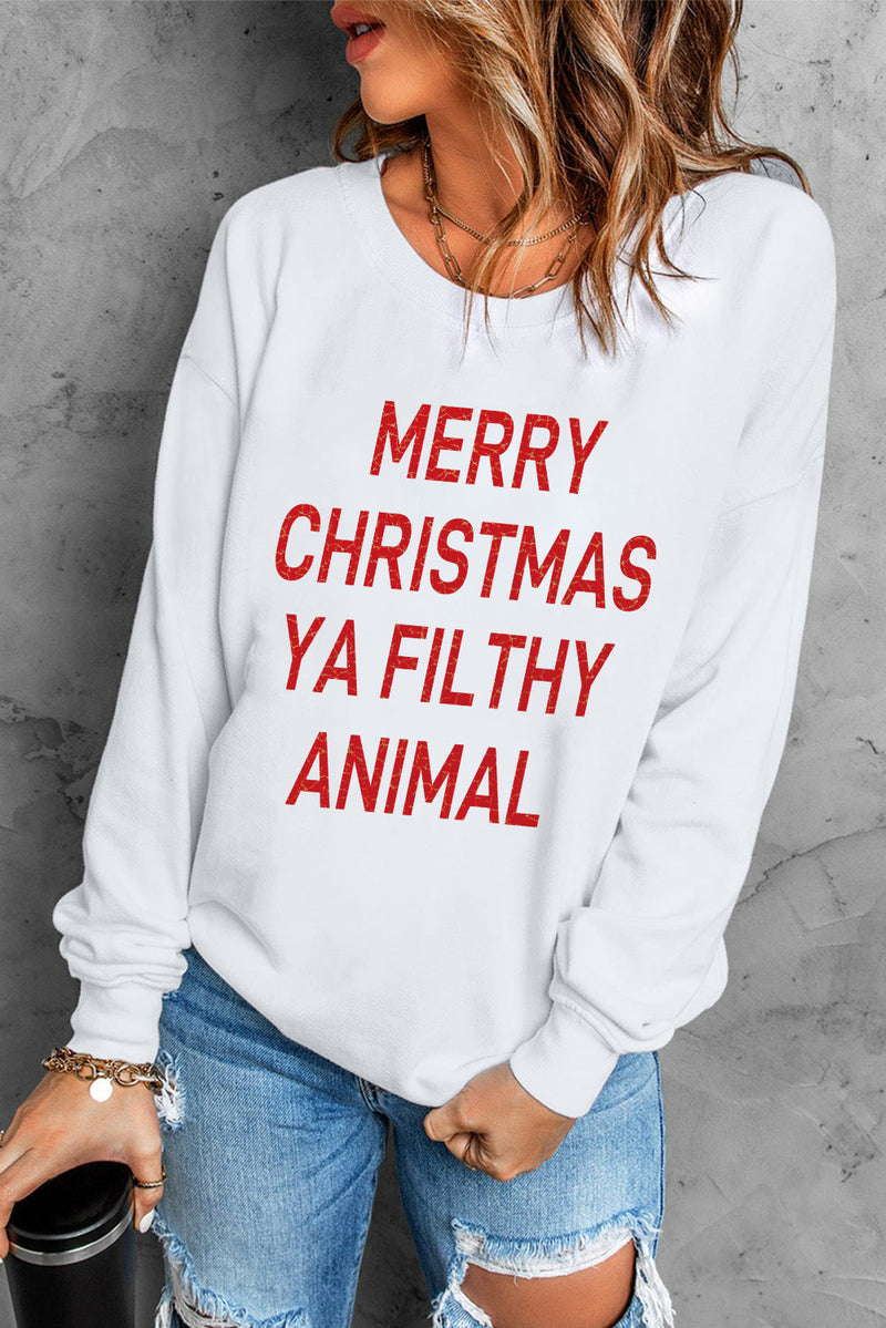 White Merry Christmas Ya Filthy Animal Graphic Sweatshirt