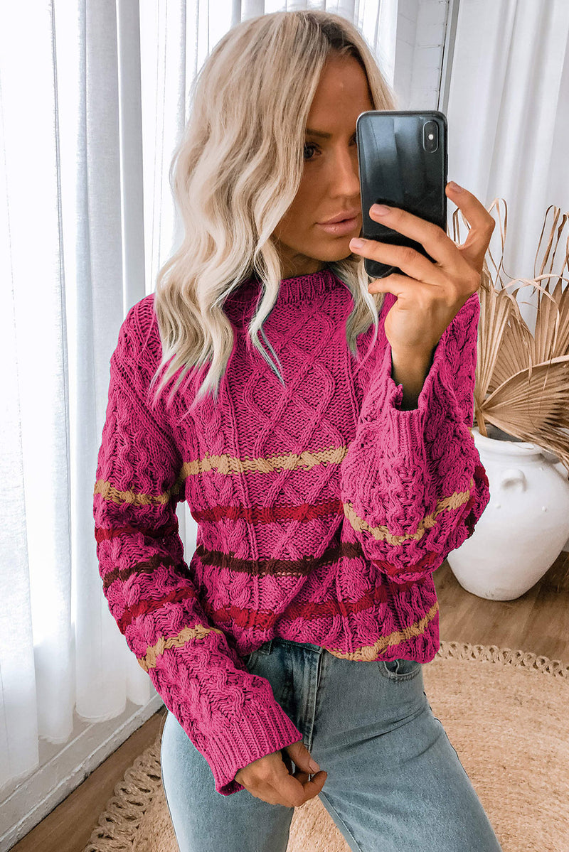 Rose Striped Color Block Textured Knit Pullover Sweater