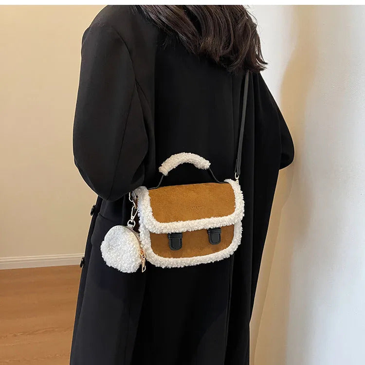 2023 Winter New Women's Plush Small Square Bag Color Contrast Design Single Shoulder Crossbody Bag Brown Handbag