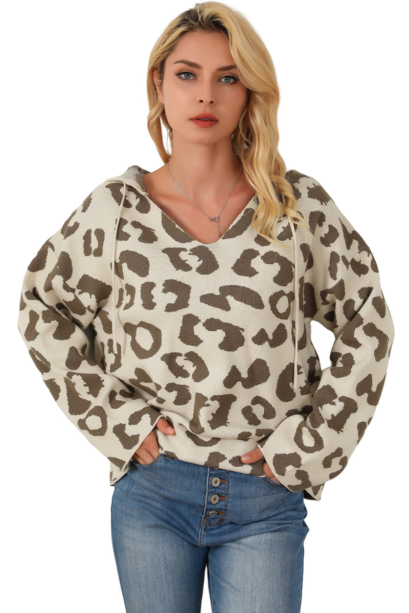 Leopard Drawstring Hooded Pullover Sweater