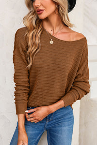 Brown Textured Knit Round Neck Dolman Sleeve Sweater