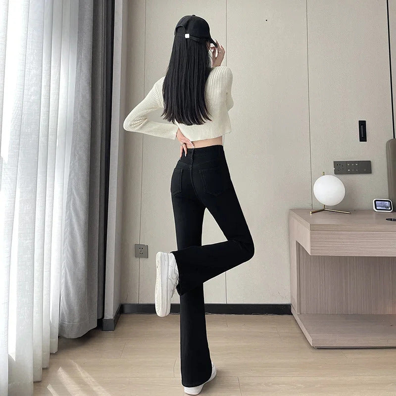 2023 Fashion New Women Warm Plush Flared Jeans Thermal Fleece Loose Denim Pants Female High Waist Urban Straight Flare Trouser