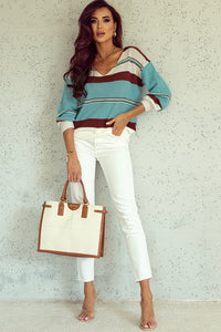 Coffee Striped Pattern Knit V Neck Sweater