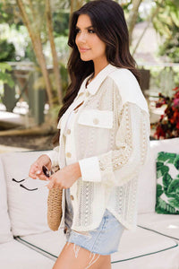 Beige Lace See-through Button Collared Shacket