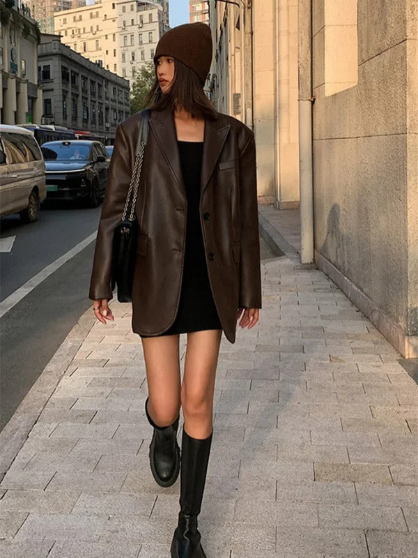 Brown Soft PU Leather Blazer Jacket Motorcycle Long Sleeve Single Breasted Casual Coats Tops 2024 Autumn New High Streetwear