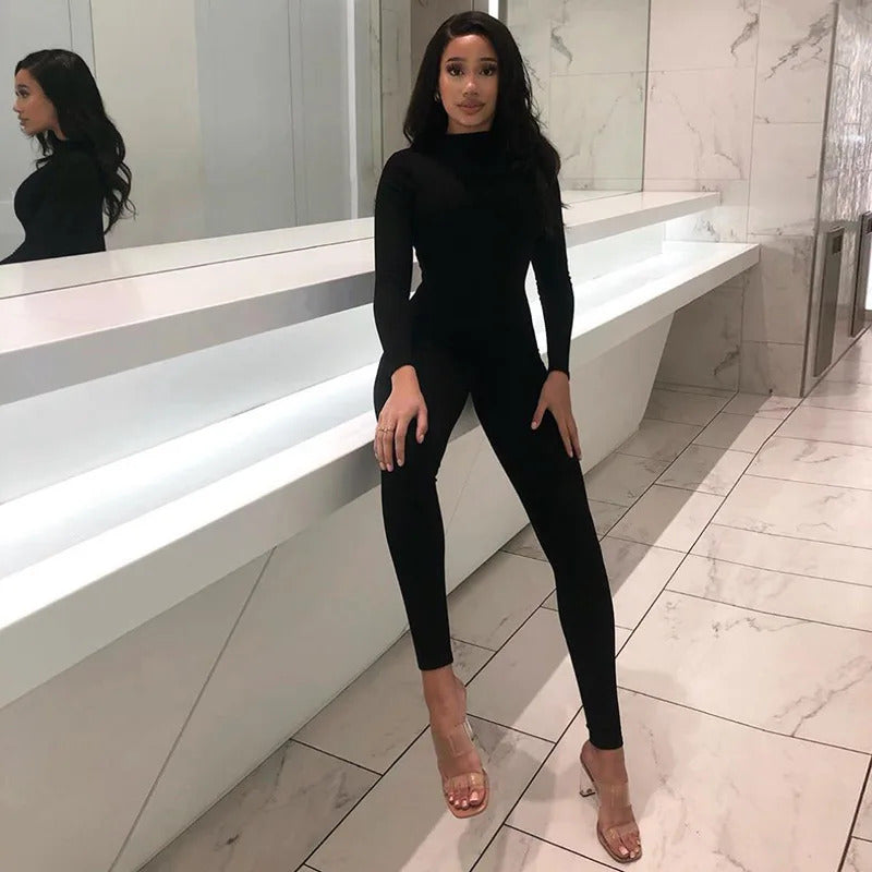 Autumn Long Sleeve Jumpsuits Women Streetwear O-Neck Solid Bodycon Sexy Black Rompers Casual Skinny Fashion Sporty Jumpsuits