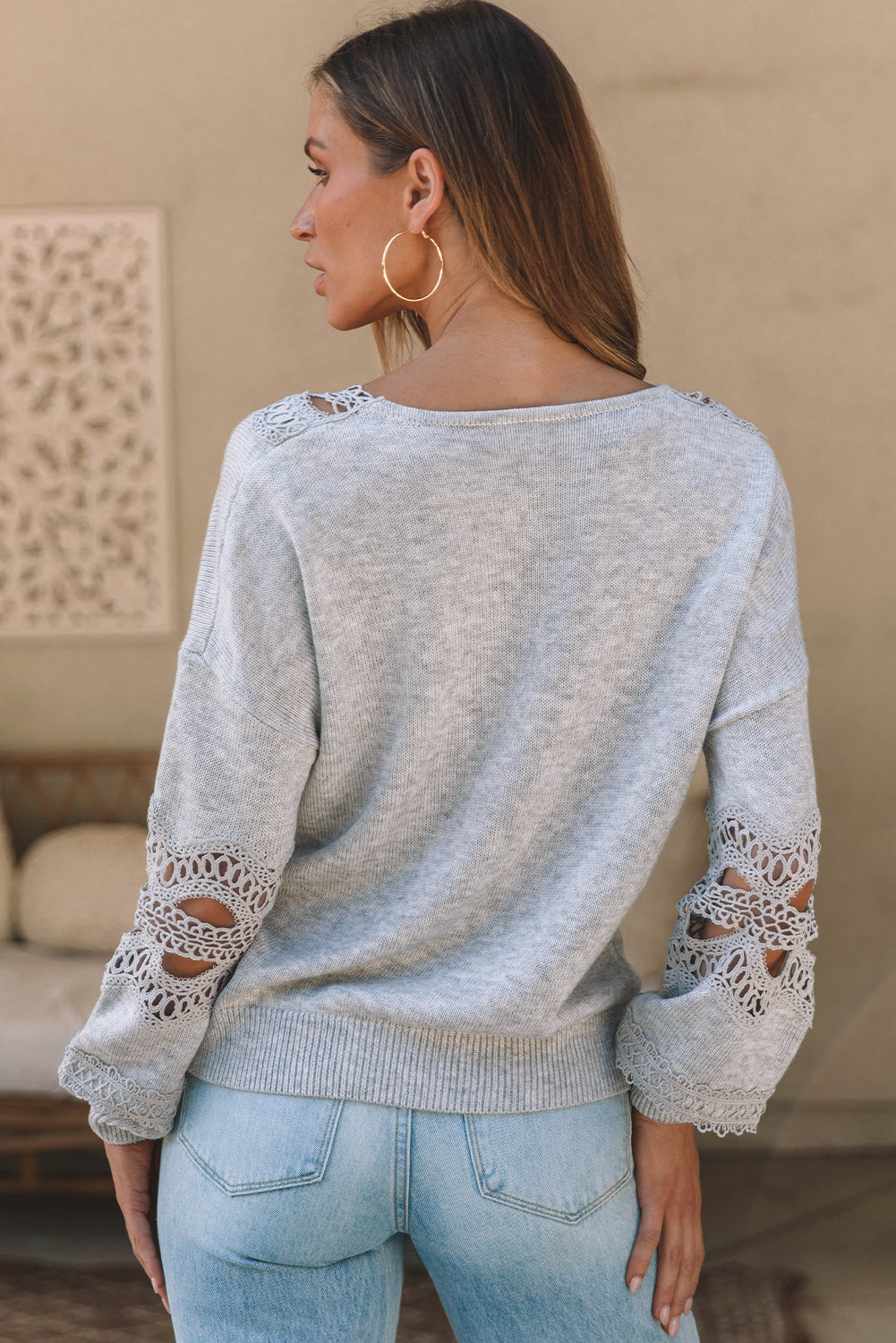 Gray Hollowed Lace Splicing V Neck Loose Sweater