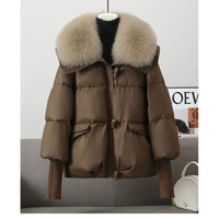 Winter New Fur Collar Puffer Down Parka Loose Down Warmer Thicken Snow Jacket Pocket Zipper Faux Fur Outerwear Female