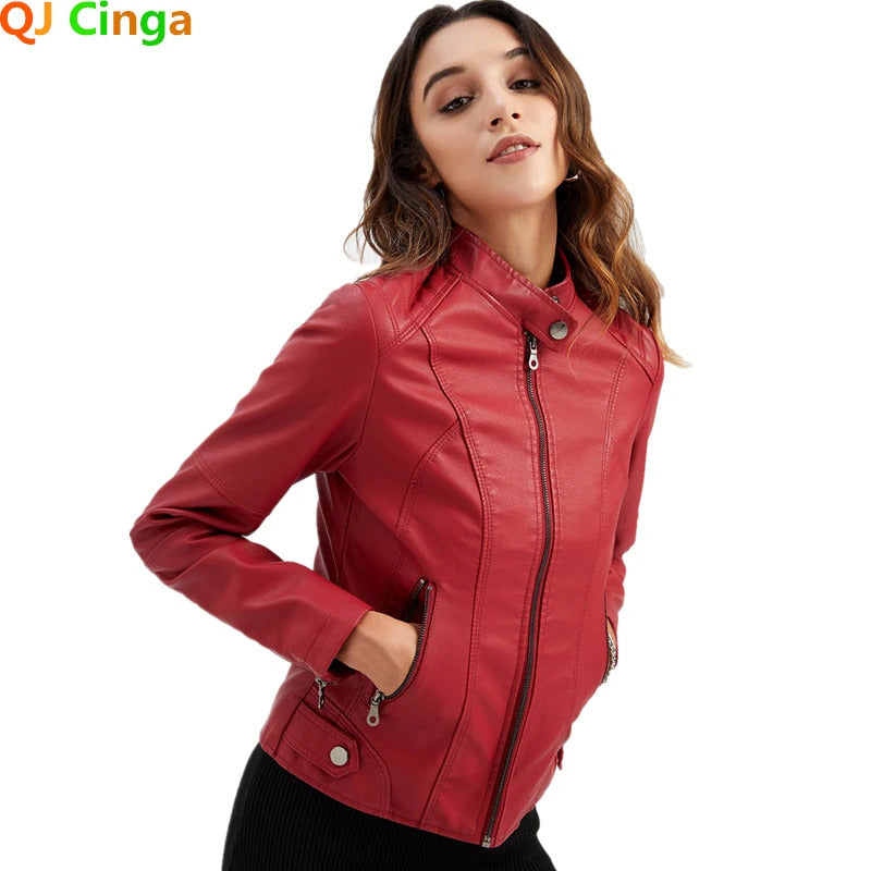 Spring / Autumn New Style Gules Leather Jacket Women's Fashionable Trim Motorcycle Women Coat Black Purple Brown S-4XL