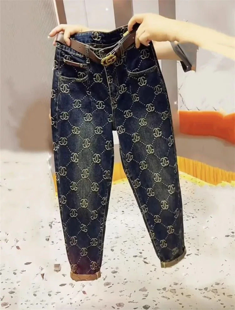 2025 New Trend Thick Retro Jeans Women Embroidery High Waist High Waist Harem Pants Winter Autumn Causal Loose Capri Pants