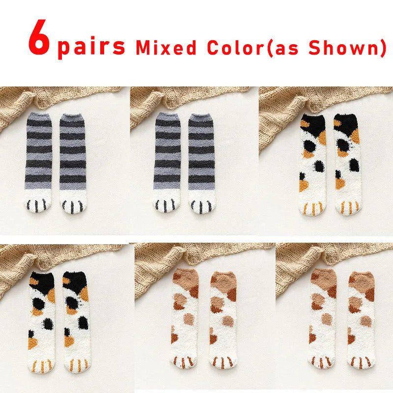 6 pairs Woman socks Set Cartoon Cute 3D Dog Cat Paw Pattern Winter Female Fleece Warm Home Floor Sleeping Thick Socks Wholesale