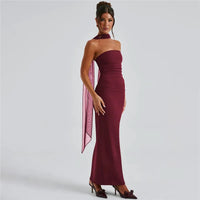 Mozision Strapless Backless Sexy Maxi Dress For Women Burgundy Mesh Sleeve Off-shoulder Bodycon Club Party Evening Long Dress