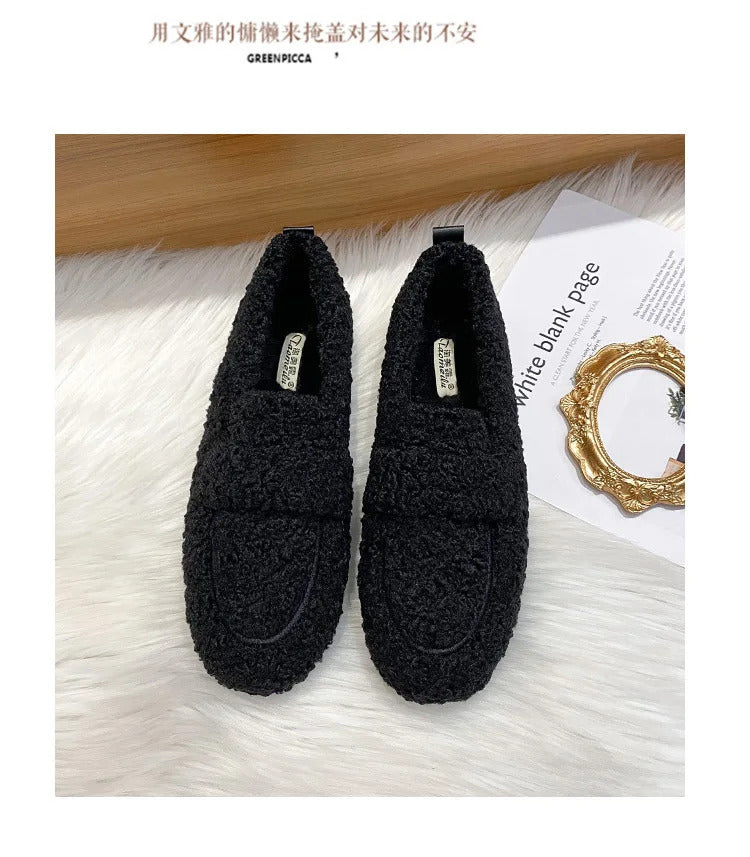 Luxury Sheep Fur Lined Loafers Women Lambswool Shoes Ladies Winter Slip On Furry Flats Cotton Wool Mocasine Femme Barefoot Boots