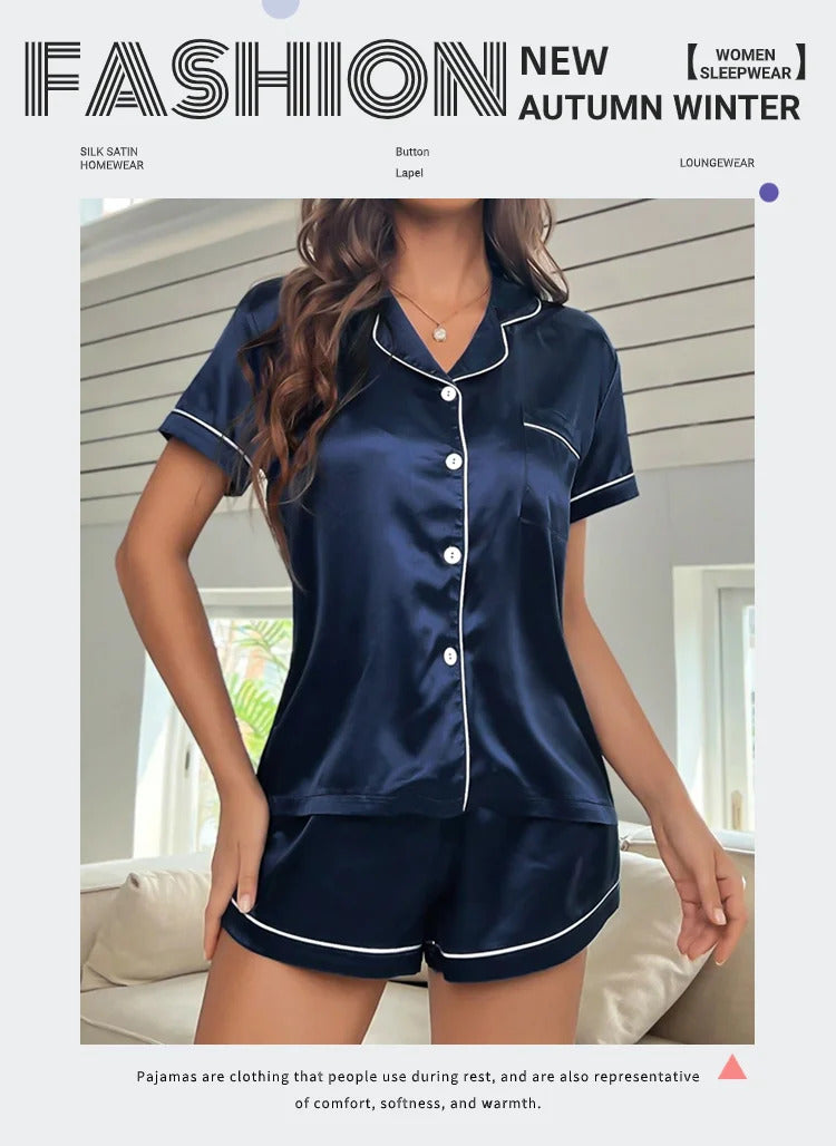 Summer Silk Satin Women Pajamas Set Button Down Top & Shorts 2 Pieces Sleepwear Notched Collar Nightwear Loungewear for Women