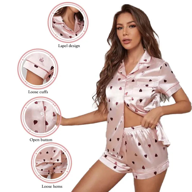 Women Two Piece Set Silk Satin Pajamas Home Suit Short Sleeve Shirtand Shorts Pajamas Set Satin Nightwear Loungewear