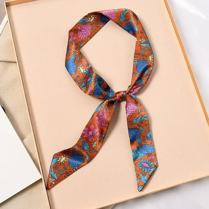 Skinny Silk Scarf Hair Strip Silk Ribbon Small Neck Scarves Bag Handle Ribbon Scarf Kerchief Ladies Ribbon Hair Band Small Scarf