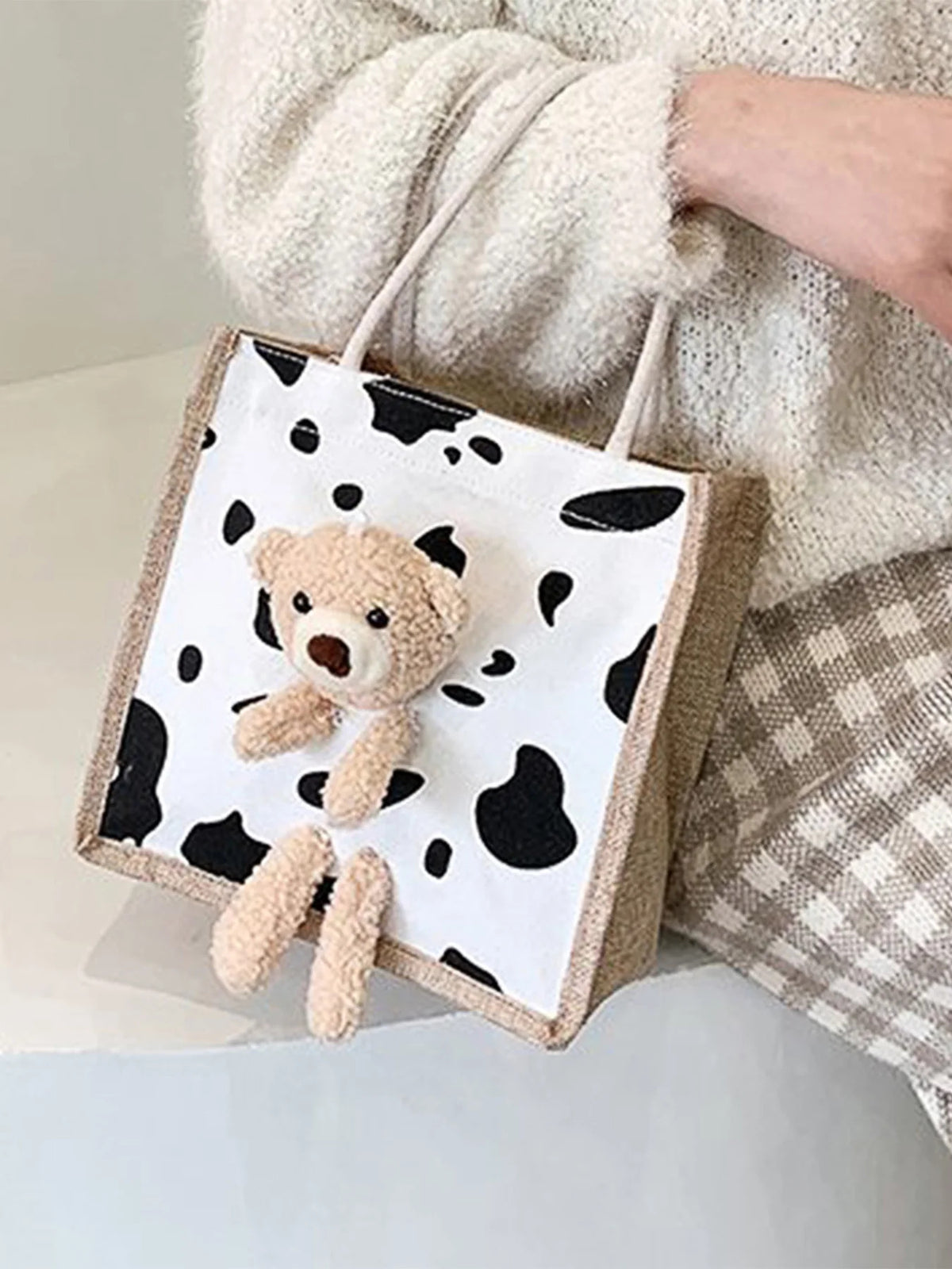 Cute Bear Tote Bag Canvas Girls Bag Student Coin Purse Gift Bag Simple Fashion Canvas Bag Canvas Bag Hand Shopping Tote Bag-ll