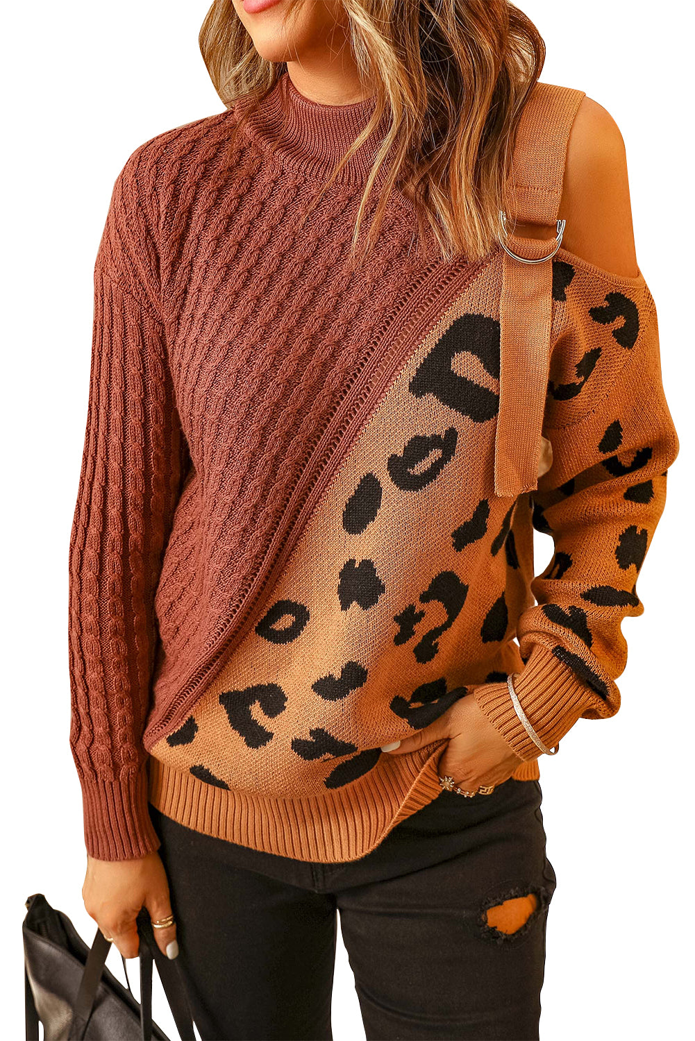 Brown Asymmetrical Buckle Sweater