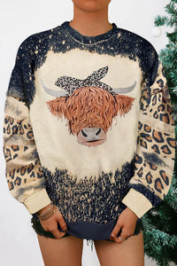 Black Western Cow Head Leopard Bleached Print Graphic Sweatshirt