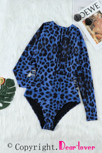 Green Leopard Print Zipper Cut-out Rash Guard Swimsuit