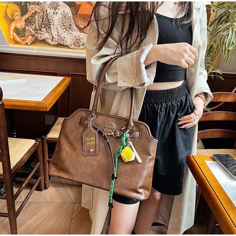 Women's Retro Brown Shell Bag Popular Large Capacity Multiple Compartments Briefcase High Quality Fashion Shoulder Tote Bag