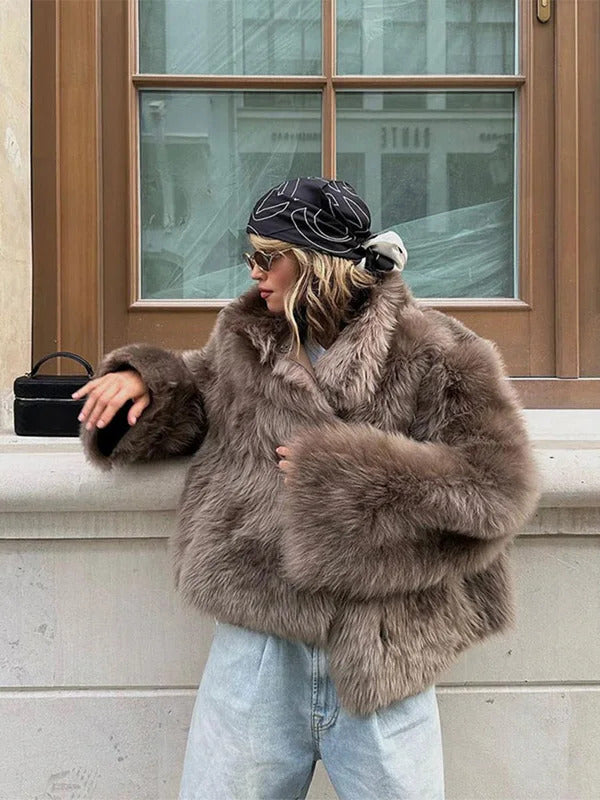 Lapel Brown Women Short Faux Fur Coat Luxurious Fluffy Long Sleeve Warm Jacket 2024 Autumn Winter Lady Solid High Street Outwear