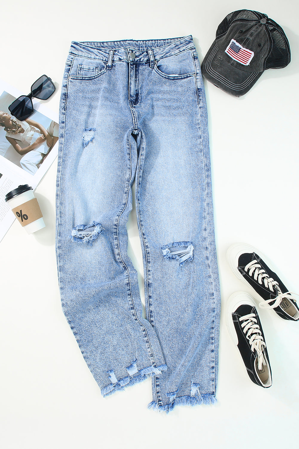 Sky Blue Washed Ripped Wide Leg High Waist Jeans